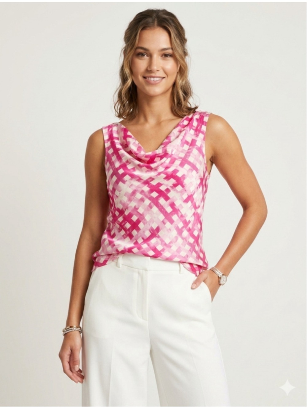 Chloe Kristy Iconic Chloe Cami Pink Gingham Satin Women's Size Large Cowl Tank